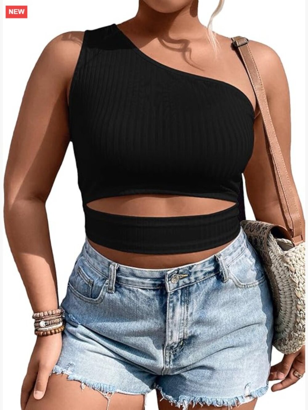 Plus Size One Shoulder Cut Out Sleeveless Rib Knit Crop Top